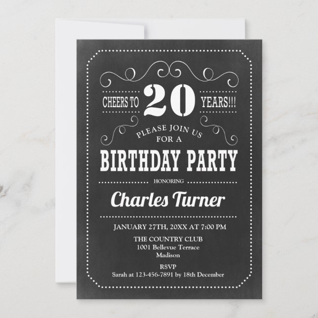 Invitation Fête du 20e anniversaire - Chalkboard noir blanc (Devant)