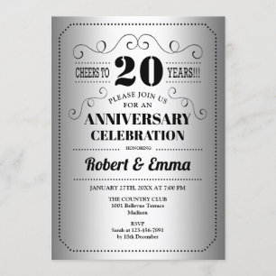Invitation Fête du 20e anniversaire de mariage - Argent Noir