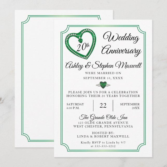 Invitation Fête du 20e Anniversaire de Mariage d'Emerald Diam (Devant / Derrière)