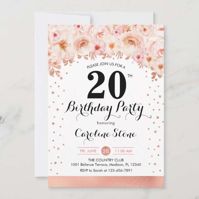 Invitation Fête du 20e anniversaire - Fleurs d'or Roses (Devant)