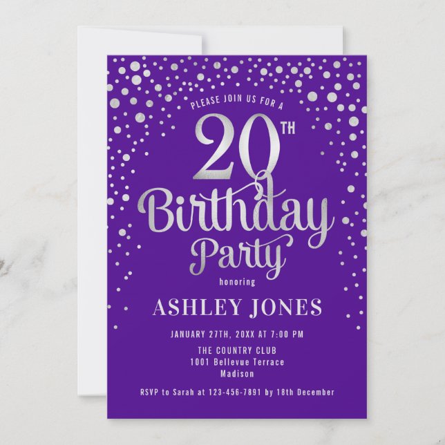 Invitation Fête du 20e anniversaire - Purple & Silver (Devant)