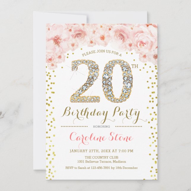 Invitation Fête du 20e anniversaire - Rose or blanc (Devant)
