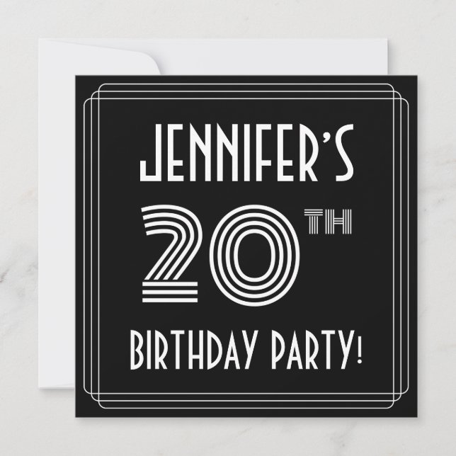 Invitation Fête du 20e anniversaire : Style Art Déco avec nom (Devant)