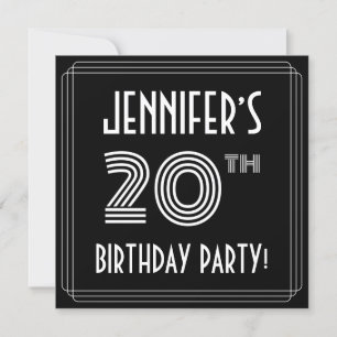 Invitation Fête du 20e anniversaire : Style Art Déco avec nom