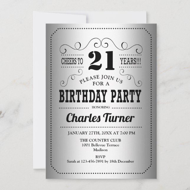 Invitation Fête du 21e anniversaire - Argent Retro Noir (Devant)