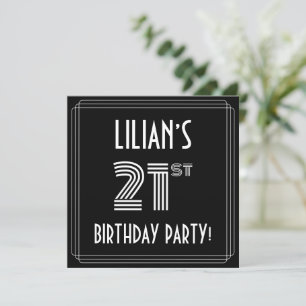 Invitation Fête du 21e anniversaire : Art Déco Style avec nom
