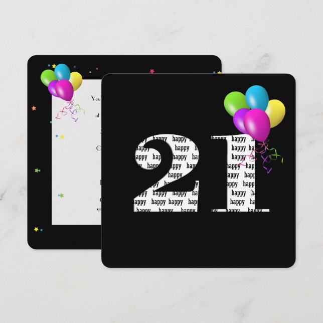 Invitation Fête du 21e anniversaire avec bouquet de ballons (Devant / Derrière)
