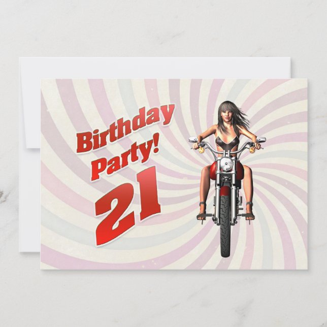 Invitation fête du 21e anniversaire avec une fille sur une mo (Devant)