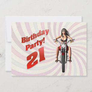 Invitation fête du 21e anniversaire avec une fille sur une mo