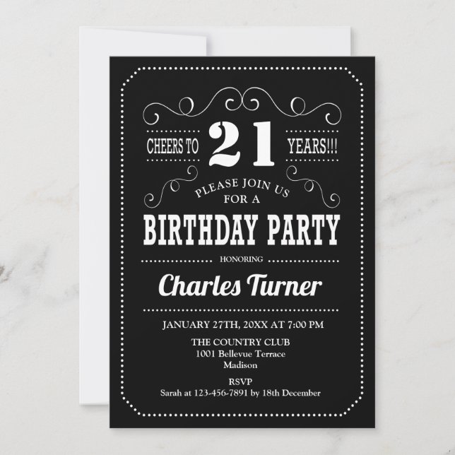 Invitation Fête du 21e anniversaire - Blanc noir (Devant)