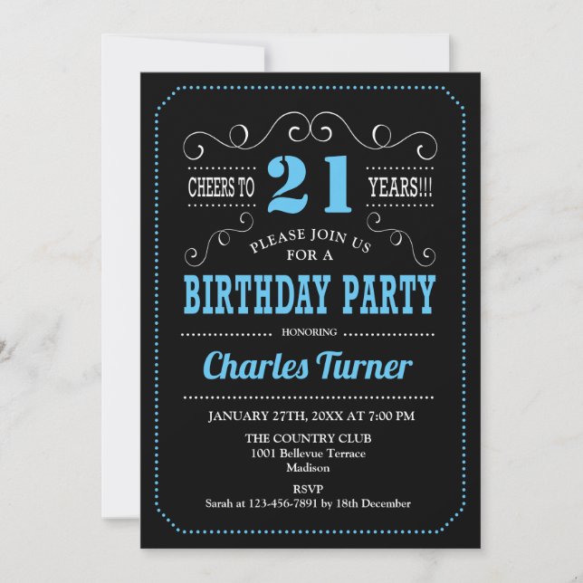 Invitation Fête du 21e anniversaire - Bleu noir (Devant)