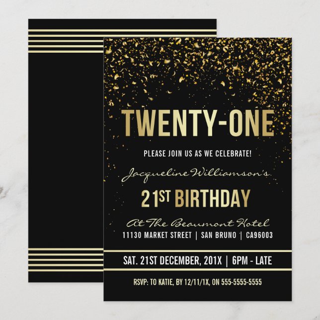 Invitation Fête du 21e anniversaire | Confetti en or chatoyan (Devant / Derrière)