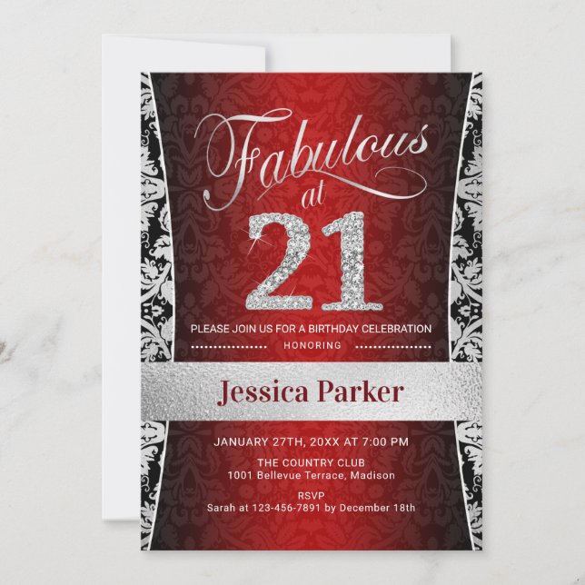 Invitation Fête du 21e anniversaire - Noir rouge argent (Devant)