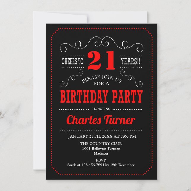 Invitation Fête du 21e anniversaire - Noir Rouge Blanc (Devant)