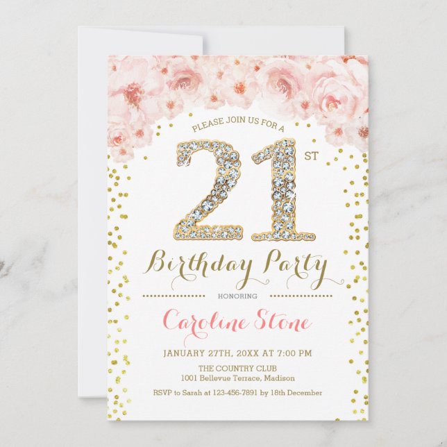 Invitation Fête du 21e anniversaire - Rose or blanc (Devant)