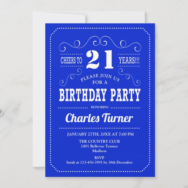 Invitation Fête du 21e anniversaire - Royal Blue White (Devant)