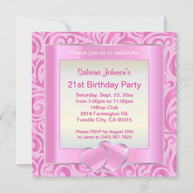 Invitation Fête du 21e anniversaire | Verder rose, argenté et (Dos)
