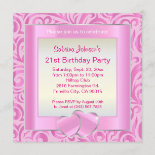 Invitation Fête du 21e anniversaire   Verder rose, argenté et