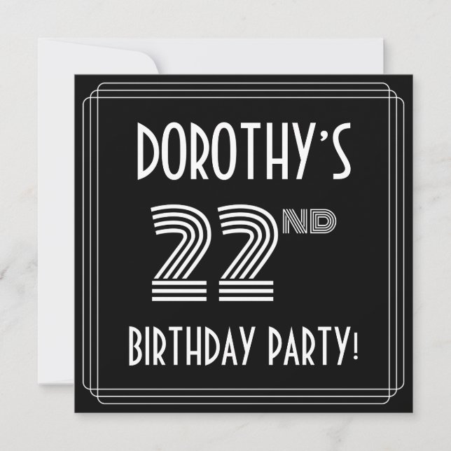 Invitation Fête du 22e anniversaire : Art Déco Style avec nom (Devant)