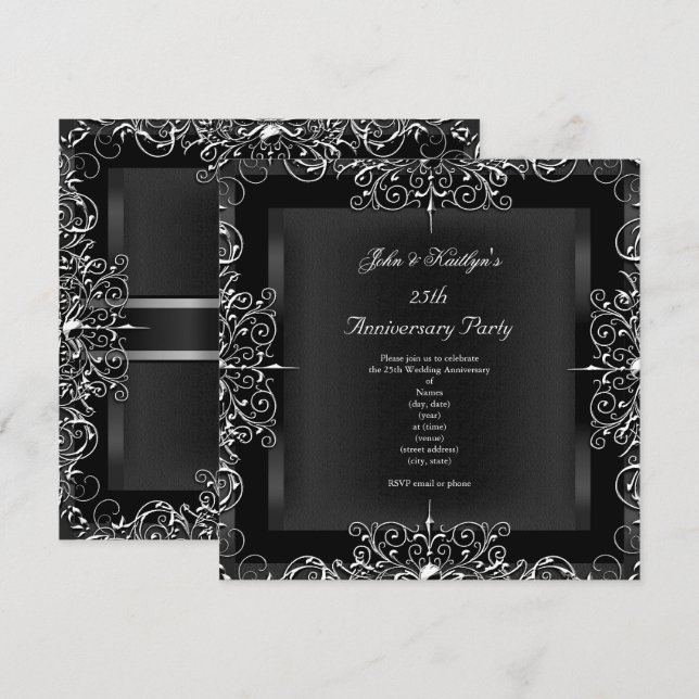 Invitation Fête du 25e anniversaire Chalkboard Argent Floral (Devant / Derrière)
