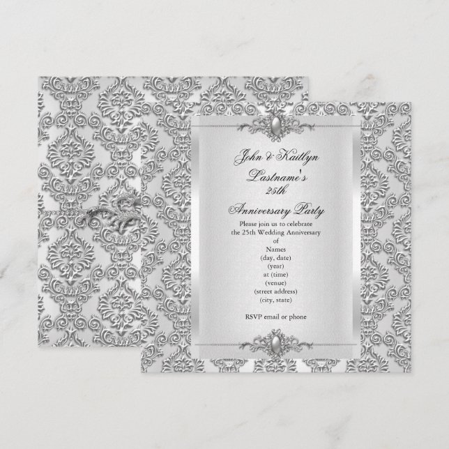 Invitation Fête du 25e anniversaire Damask Argent blanc (Devant / Derrière)