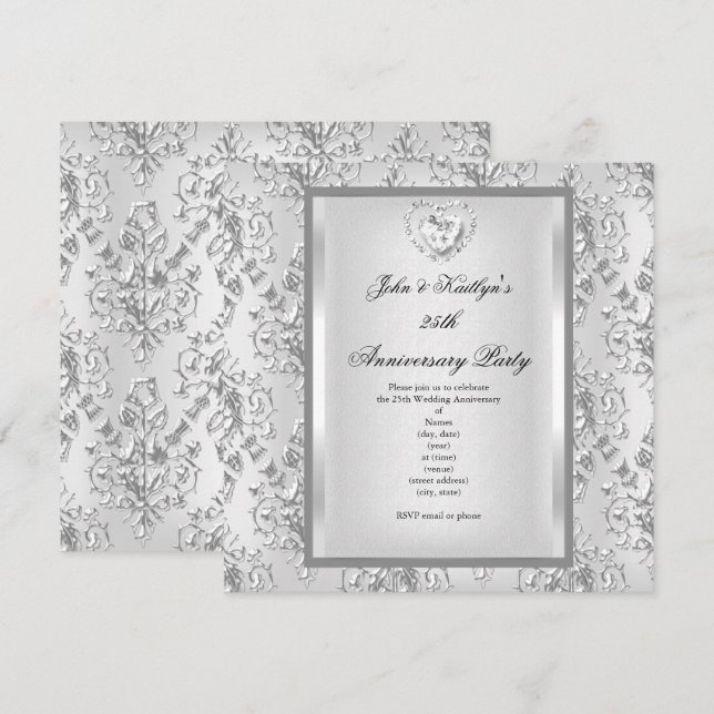 Invitation Fête du 25e anniversaire Damask Argent blanc 2 (Devant / Derrière)