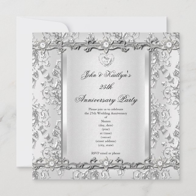 Invitation Fête du 25e Anniversaire Damask Diamond Blanc (Devant)