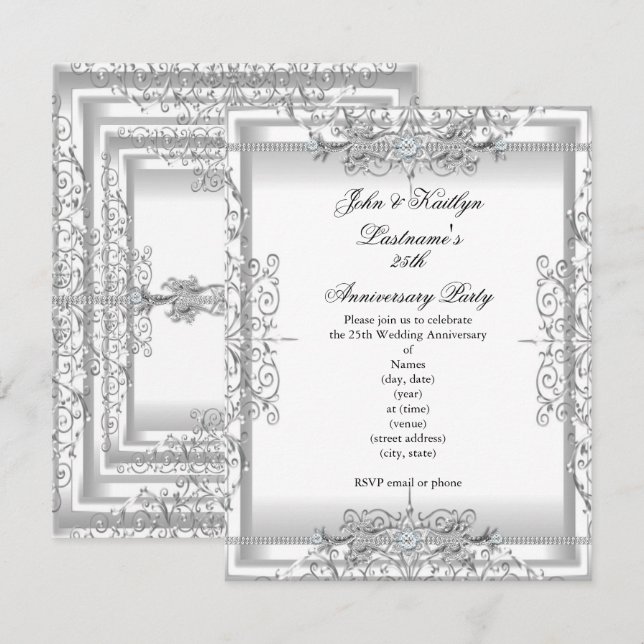 Invitation Fête du 25e anniversaire Damask Silver White (Devant / Derrière)