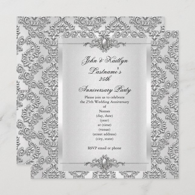 Invitation Fête du 25e Anniversaire Damassé Argent Blanc (Devant / Derrière)