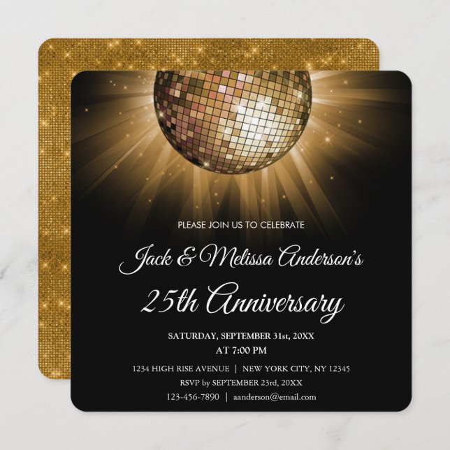 Invitation Fête du 25e Anniversaire de Mariage Boule Disco Do (Devant / Derrière)