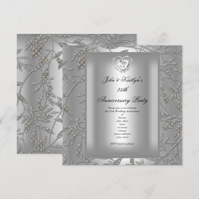Invitation Fête du 25e Anniversaire de Mariage Damask Gris Ar (Devant / Derrière)