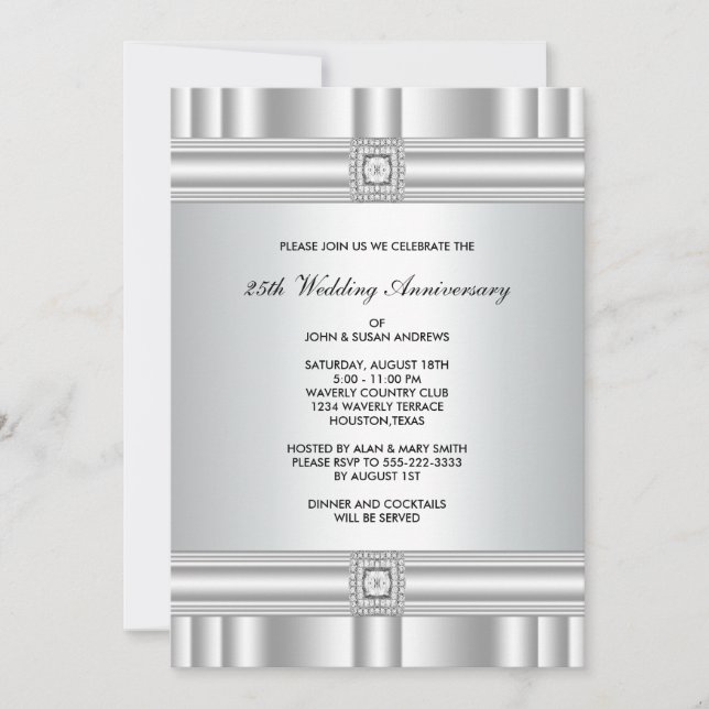 Invitation Fête du 25e anniversaire de mariage diamant argent (Devant)