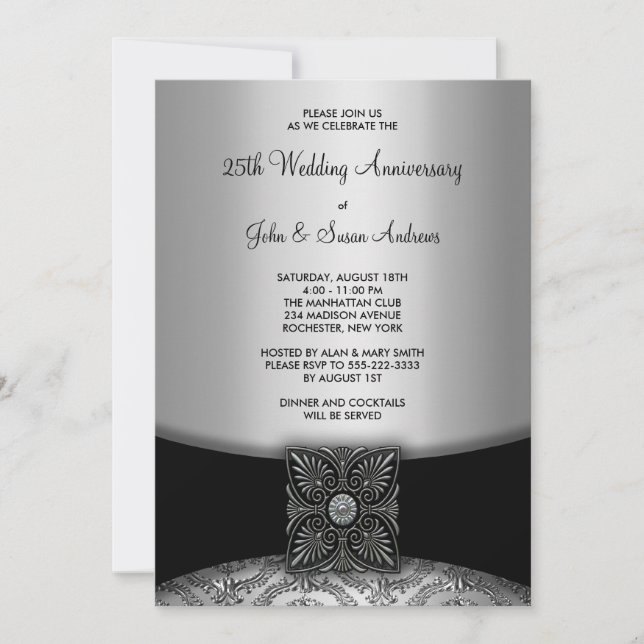 Invitation Fête du 25e anniversaire de mariage en Argent Dama (Devant)