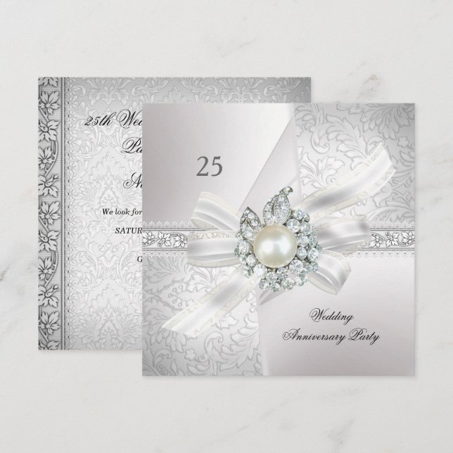 Invitation Fête du 25e Anniversaire de Mariage Perle Blanc Ar (Devant / Derrière)
