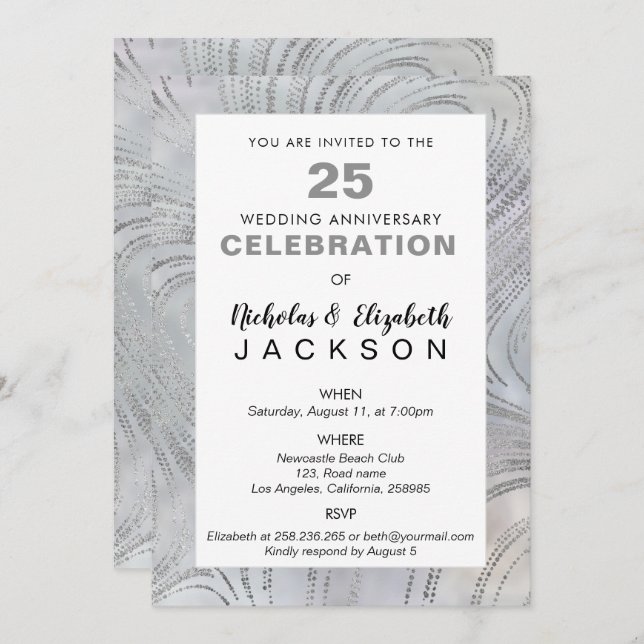 Invitation Fête du 25e Anniversaire Luxe Argent sur Perle (Devant / Derrière)