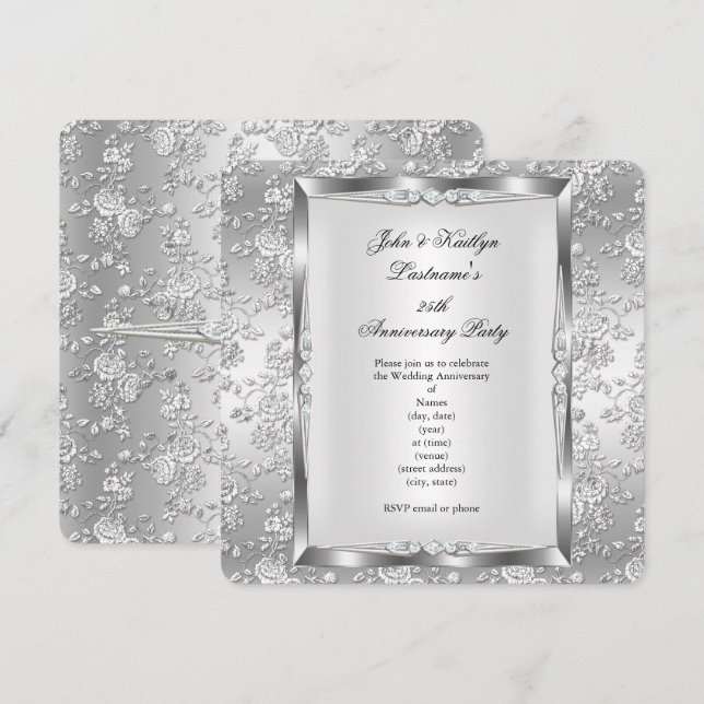 Invitation Fête du 25e Anniversaire Rose Damask Silver White  (Devant / Derrière)