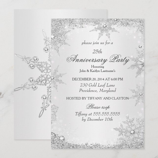 Invitation Fête du 25e Anniversaire Silver Winter Wonderland (Devant / Derrière)