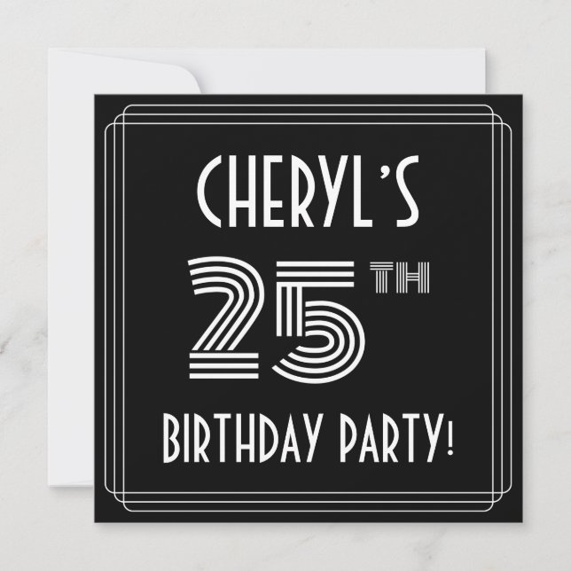 Invitation Fête du 25e anniversaire : Style Art Déco avec nom (Devant)