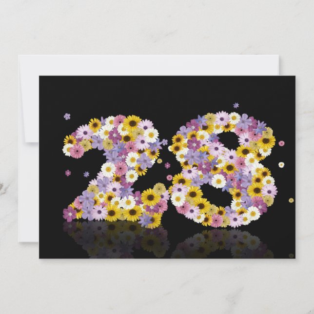 Invitation Fête du 28e anniversaire, avec des lettres fleurie (Devant)
