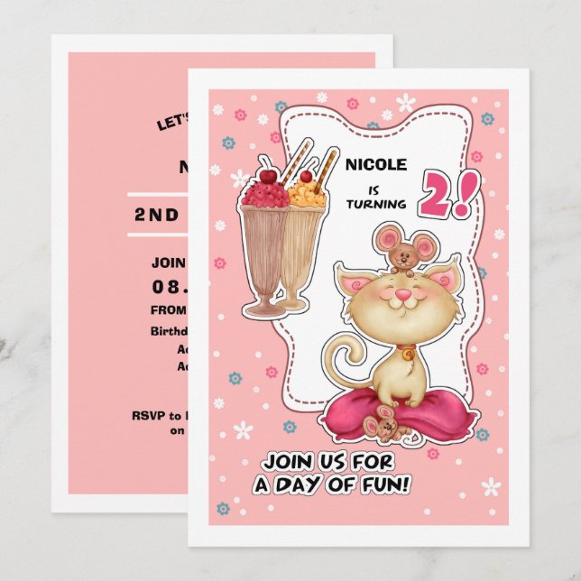 Invitation Fête du 2ème anniversaire | Fun Kitty & Mice Perso (Devant / Derrière)
