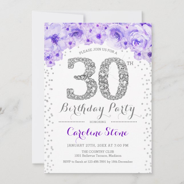 Invitation Fête du 30e anniversaire - Blanc Argent violet (Devant)