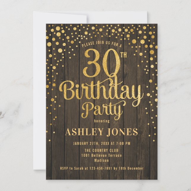 Invitation Fête du 30e anniversaire - Bois rustique & Or (Devant)