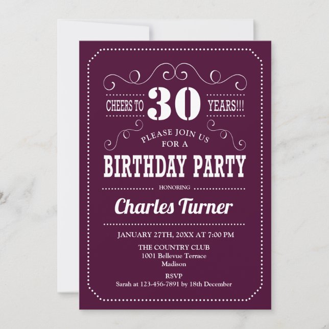 Invitation Fête du 30e anniversaire - Bourgogne Blanc (Devant)