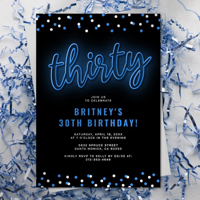 Invitation Fête du 30e anniversaire de Blue Neon adulte (Créateur téléchargé)