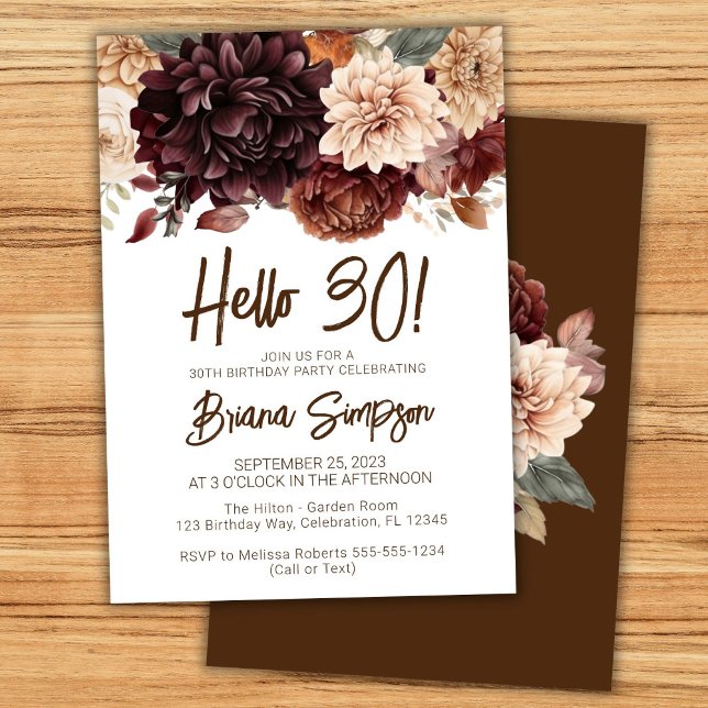 Invitation Fête du 30e anniversaire Fleurs beiges Brown (Créateur téléchargé)