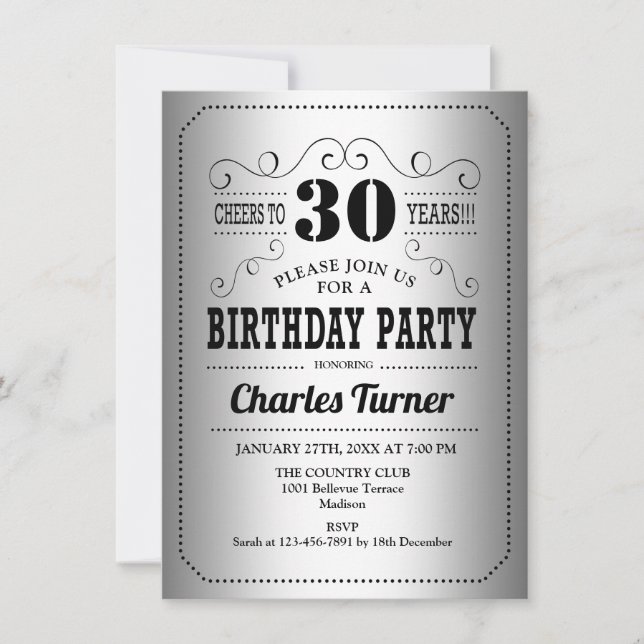 Invitation Fête du 30e anniversaire - Retro Silver Black (Devant)
