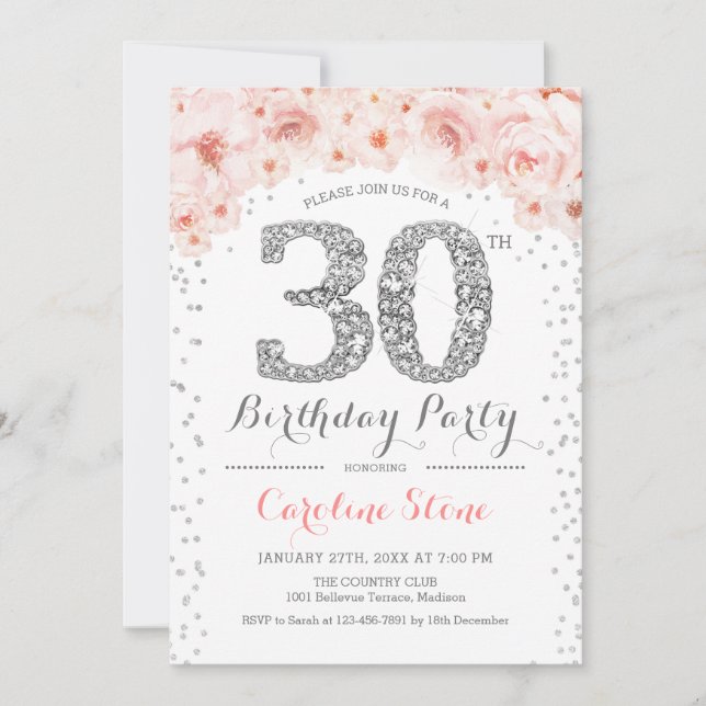 Invitation Fête du 30e anniversaire - Rose d'argent blanc (Devant)