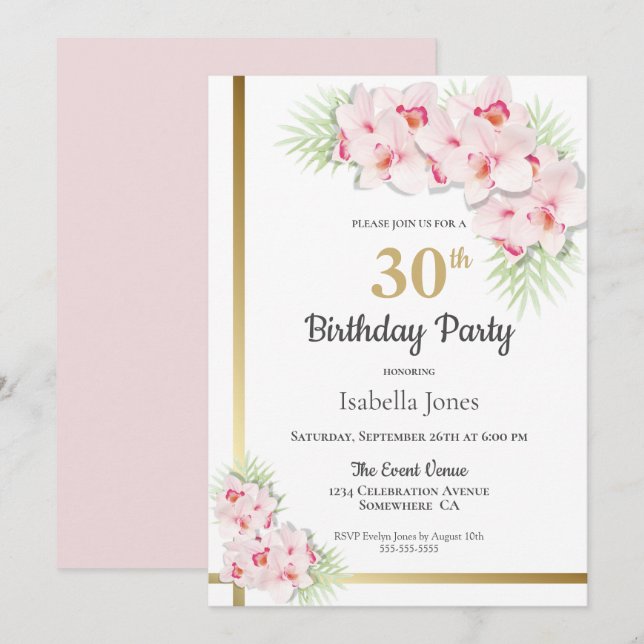 Invitation Fête du 30e anniversaire rose et or Floral (Devant / Derrière)
