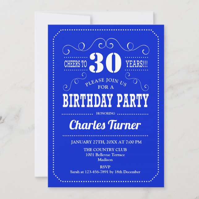 Invitation Fête du 30e anniversaire - Royal Blue White (Devant)