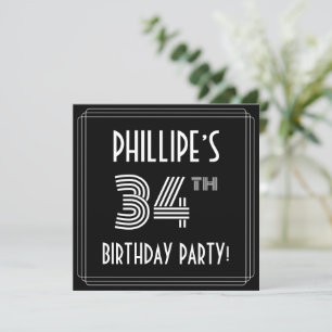 Invitation Fête du 34e anniversaire : Style Art Déco avec nom